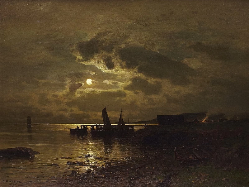 1828-Axel Wilhelm Nordgren - Villaggio di pescatori al chiaro di luna